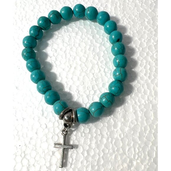 Faux Turquoise Beaded Stretch Bracelets Silver-tone, Rhinestones and Cross - Picture 6 of 6